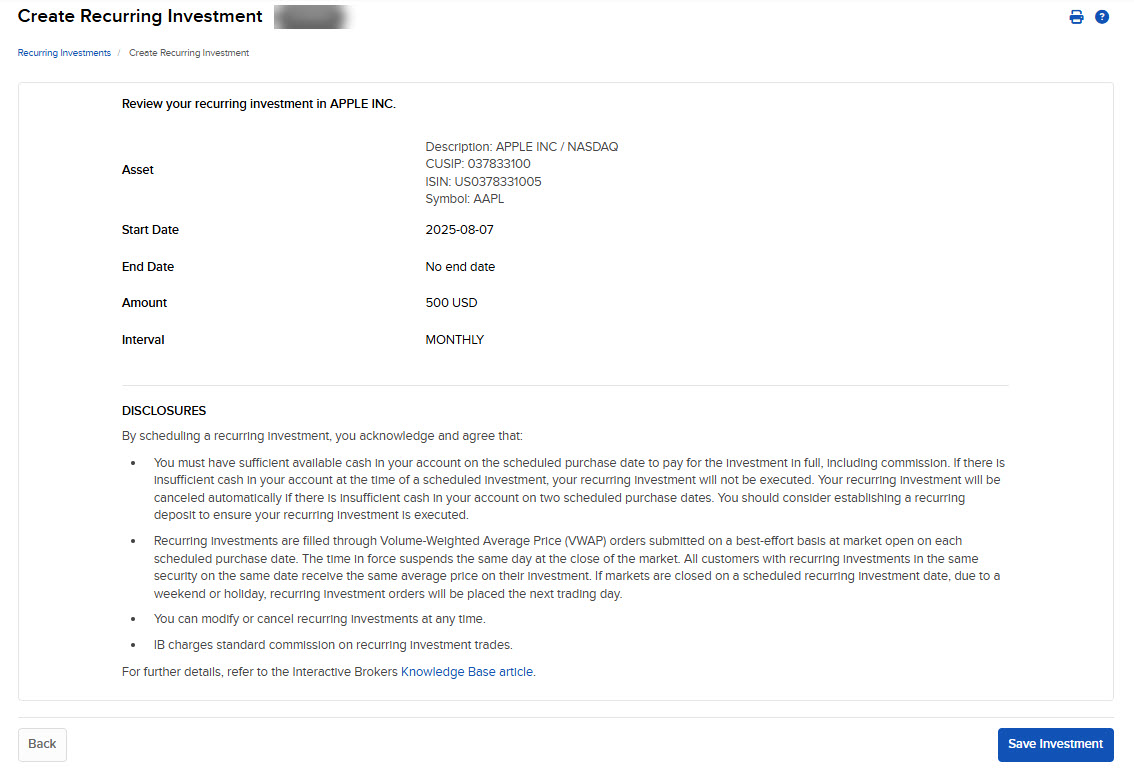 The review your recurring investment panel in Portal. 